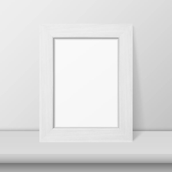 Vector 3d Realistic White Wooden Simple Modern Frame on a White Shelf or Table and White Wall Background. It can be used for presentations. Design Template for Mockup, Front View