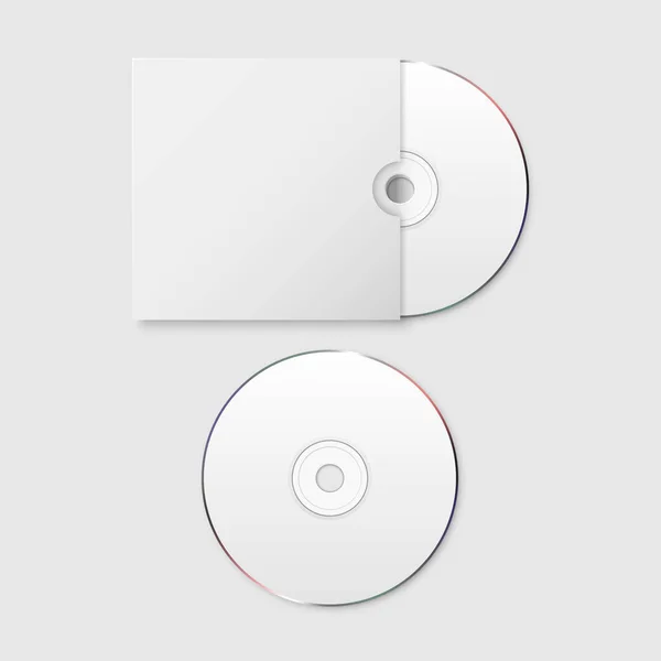 Vector 3D Realista CD blanco, DVD con tapa de papel conjunto primer plano aislado sobre fondo blanco. Plantilla de diseño para burla. CD espacio de copia de embalaje. Vista superior — Vector de stock