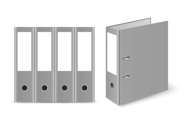 Vector 3D Closed Realistic Gray Blank Office Binder mit Metallringen für DIN A4 Papierbogen Set Closeup Isoliert auf weißem Hintergrund. Design-Vorlage, Mockup, Vorderseite, Seite, Rückseite — Stockvektor