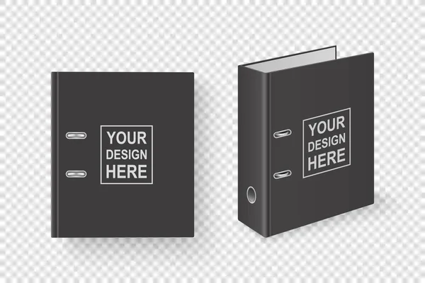 Vector 3d Zárt reális fekete üres irodai iratgyűjtő fém gyűrűkkel A4-es papír lap Closeup Elszigetelt átlátható háttér. Design Template, Mockup, Side, Izometrikus és Top View — Stock Vector