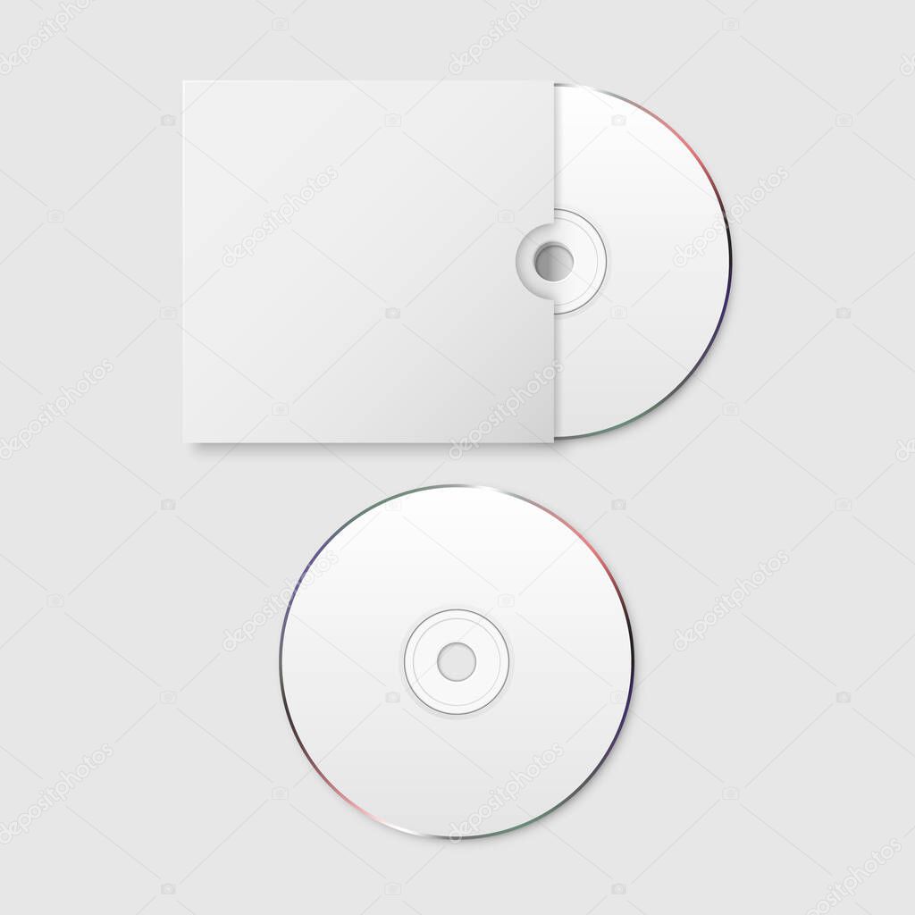 Vector 3d Realistic White CD, DVD with Paper Cover Box Set Closeup Isolated on White Background. Design Template for Mockup. CD Packaging Copy Space. Top View