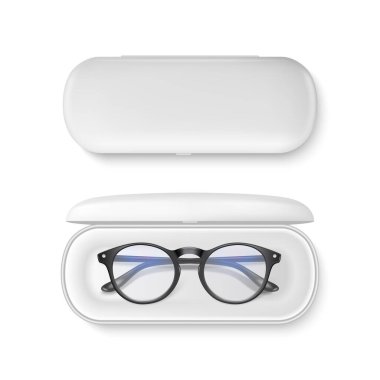 Vektör 3d Gerçekçi Plastik Round Siyah Rimmed Göz Gözlüğü Beyaz Dosya Kutusunda Kapalı Kaldı Beyaz Arkaplanda izole edildi. Kadınlar, Erkekler, Unisex Aksesuarları. Optik, Sağlık Konsepti. Model için Tasarım Şablonu