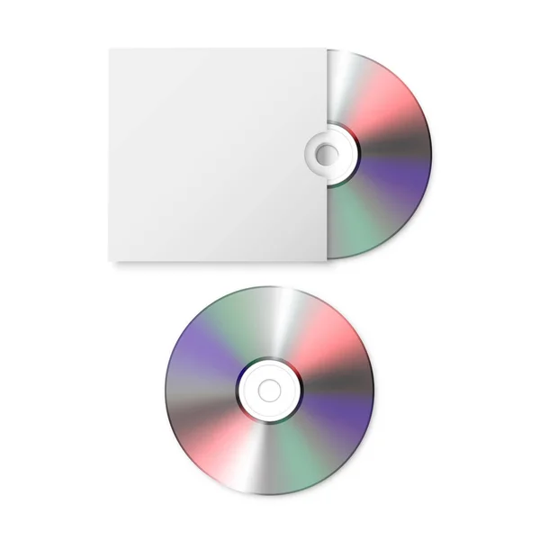 Vector 3D Realista CD en blanco, DVD con tapa de papel caja set primer plano aislado sobre fondo blanco. Plantilla de diseño para burla. CD espacio de copia de embalaje. Vista superior — Vector de stock