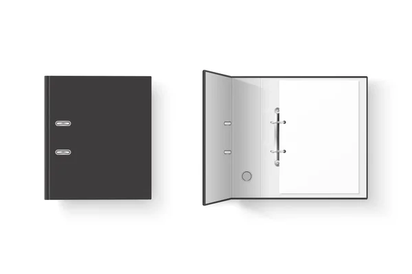 Vector 3d Gesloten en geopende Realistische Black Blank Office Binder Set met metalen ringen en A4 Paper Sheet Closeup Geïsoleerd op witte achtergrond. Design sjabloon, Mockup, Top View — Stockvector