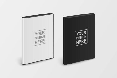 Vektör 3d Realistik Boş Beyaz ve Siyah CD, DVD Plastc veya Kağıt Kapak Kutusu Kapağı Kapağı Kapanış Kutusu Beyaz Arkaplan 'da izole edildi. Tasarım Şablonu. CD Paket Kopyalama Boşluğu. Yarım Döndürme Görünümü