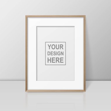 Vektör 3d Gerçekçi A4 Kahverengi Ahşap Basit Modern Çerçeve Parlak Beyaz Rafta veya Beyaz Duvara Karşı Yansımalı Masa. Sunumlar için kullanılabilir. Mockup için Tasarım Şablonu, Ön Görünüm