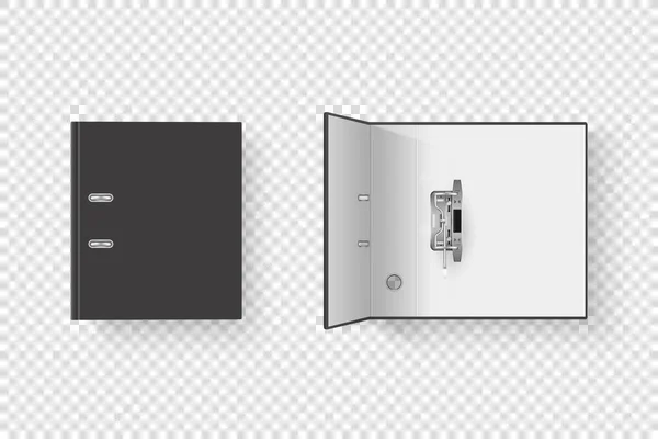 矢量3d闭合和开放的现实黑色空白办公室粘合剂集与金属环在透明背景下分离的A4纸片闭合。设计模板、模型、顶视图 — 图库矢量图片