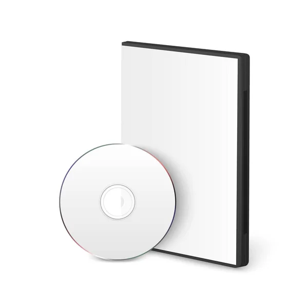 ベクトル3DリアルなブランクホワイトCD 、カバーケース付きDVDセット白の背景に隔離されたクローズアップ。デザインテンプレート。CDパッケージコピースペース。フロントビュー — ストックベクタ
