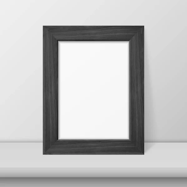 Marco moderno simple de madera negro realista del vector 3d en un estante blanco o tabla y fondo blanco de la pared. Se puede utilizar para presentaciones. Plantilla de diseño para Mockup, Vista frontal — Archivo Imágenes Vectoriales