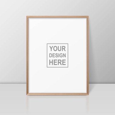 Vektör 3d Gerçekçi A4 Kahverengi Ahşap Basit Modern Çerçeve Parlak Beyaz Rafta veya Beyaz Duvara Karşı Yansımalı Masa. Sunumlar için kullanılabilir. Mockup için Tasarım Şablonu, Ön Görünüm