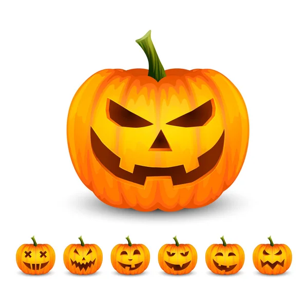 Vector Glossy Rajzfilm Halloween Pumkin Lámpás Vicces Arcok ikon Set Closeup Elszigetelt fehér háttér. Elülső nézet. Tervezési sablon. Őszi ünnepek, halloween koncepció — Stock Vector