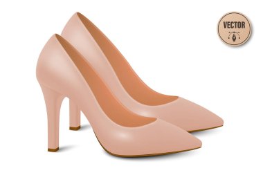 Vektör 3d Gerçekçi Yüksek Topuklu Bej Çifti. Moda Posteri, Ayakkabı Mağazası Afişi, Giysi Kataloğu, Ayakkabı Markası, Zarif Kıyafet Tasarımı, Çevrimiçi Dükkan.