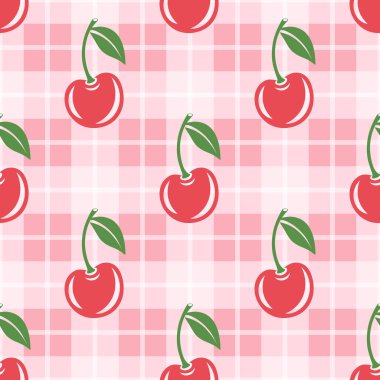 Kesik Kirazlı Vektör Kusursuz Desen. Tek, bir çift kiraz ve yapraklı kiraz kümesi, tekrarlanan yazdırma. Kiraz Sanatı, Tasarım Şablonu, Vektör İllüstrasyonu.