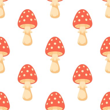 Amanita Mantar Vektörü Kusursuz Şablon. Beyaz Arkaplanda Kırmızı Amanita Mantarı çizgi filmi. Orman Arkaplanı. Zehirli Mantar Kumaşı. Amanita Doğa Dekorasyonu, Woodland Yazdırma Tasarımı.