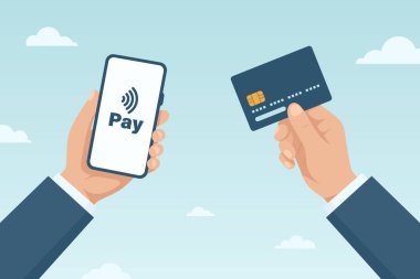 Mobil Ödeme ve Çevrimiçi İşlem Konsepti Flat Cardit Card ve Smartphone, Vector Illustration. Dijital Cüzdan, Temassız Ödeme, Güvenli Bankacılık, E-Ticaret Satın Alma.