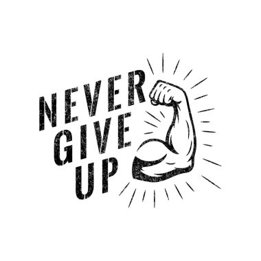 Spor salonu posterinden asla vazgeçme. Esnek Kas Kolu, Kas Gücü, Fitness Motivasyonu. Kas çalıştırma, vücut geliştirme, spor salonu duvarı sanatı. Powerlift, Spor Tipografisi, Vektör İllüstrasyonu.