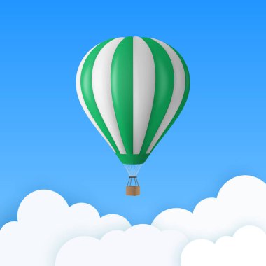 3d Gerçekçi Sıcak Hava Balon Simgesi ile Mavi Gökyüzü Arkaplanındaki Vektör Seyahat Sancağı. Tasarım Şablonu, Yaz Tatili, Seyahat, Turizm ve Seyahat Konsepti