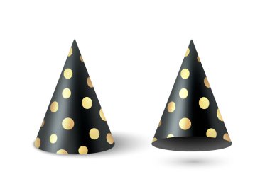 Vektör 3d Gerçekçi Doğum günü Partisi Şapkası, izole edildi. Holiday Hat, Cone Shape, Front View. Gerçekçi Koni Kağıt Kapakları izole edildi. Doğum günü, Tatil, Etkinlik, Yeni Yıl, Parti Dekorasyonu için Aksesuarlar.