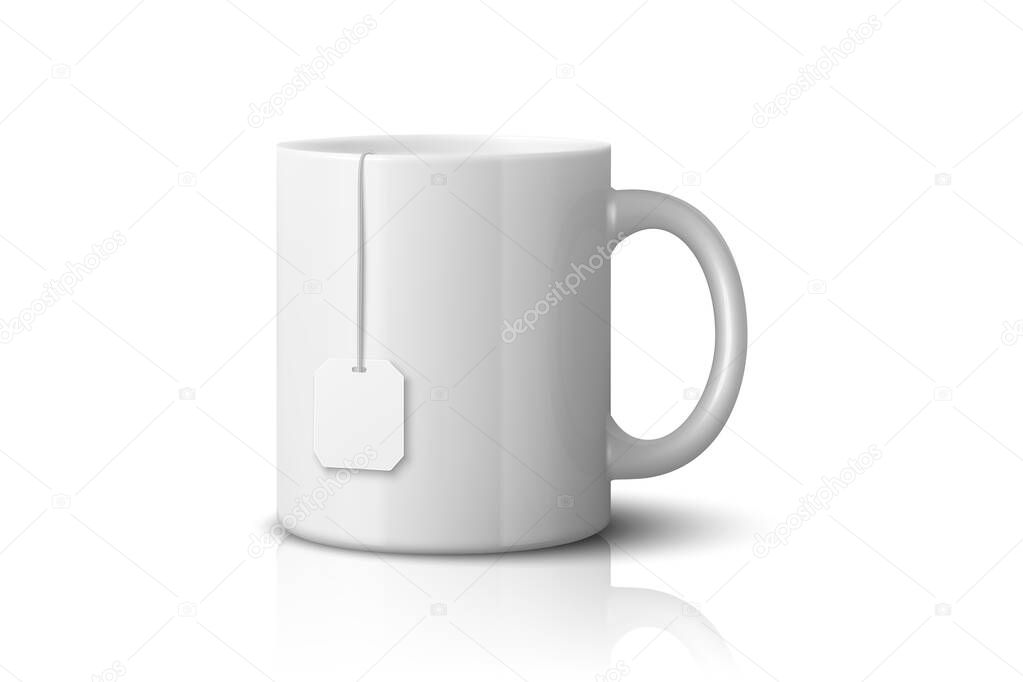 Vector 3D Realistic White Ceramic Mug, Tea Cup with Blank Tag, Tea Bag Label Isolated, Blank Promotional Cup for Branding, Custom Print, Corporate Gift, Advertising, Merchandise, Logo Template, Mockup.