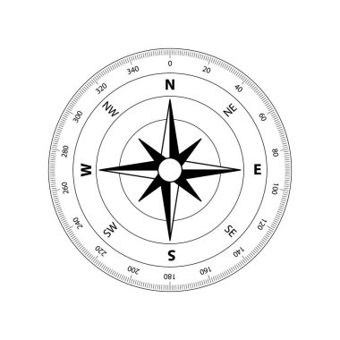 Navigasyon için vektör pusula simgesini çevir. Travel Compass Rose Illustration, Denizcilik Macera, Seyahat ve Turizm Tasarımı. Vintage Pusula Harita Elemanı, Yönsel Sembol.