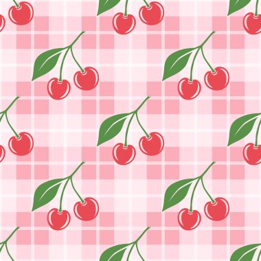 Kesik Kirazlı Vektör Kusursuz Desen. Tek, bir çift kiraz ve yapraklı kiraz kümesi, tekrarlanan yazdırma. Kiraz Sanatı, Tasarım Şablonu, Vektör İllüstrasyonu.