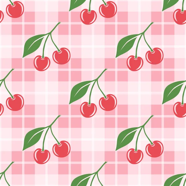 Kesik Kirazlı Vektör Kusursuz Desen. Tek, bir çift kiraz ve yapraklı kiraz kümesi, tekrarlanan yazdırma. Kiraz Sanatı, Tasarım Şablonu, Vektör İllüstrasyonu.