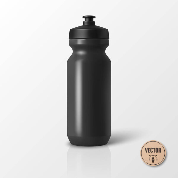 Vector 3d Realistic Black Blank Sport Water Bottle. Plastic Cycling Bottle, Gym, Fitness Bottle for Sports, Outdoor, Travel, Training, Exercise, Workout. Sport Bottle Isolated, Front View.