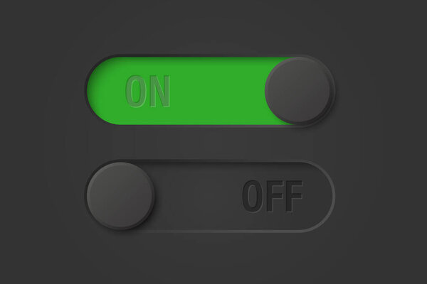 Vector Black Toggle Switch Set on Black Background. Realistic Toggle Switch. On Off Button, Modern Toggle Switch for User Interface, App, Web, Settings, Technology. UI Element, Control Panel.