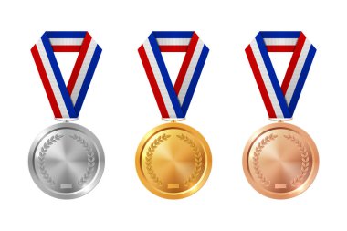 Altın, Gümüş, Bronz Madalya Seti Mavi, Beyaz ve Kırmızı Kurdeleli Gerçekçi Vektör Simgeleri. Kazanan Ödülü, Başarı Rozeti, Ödül Töreni, Spor Yarışması Ödülü, Beyazlar Üzerinde Şampiyon Sembolü İzole Edildi.