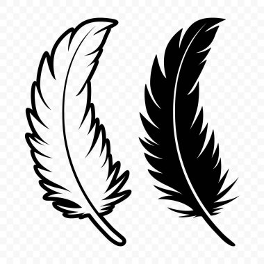 Vektör Siyah ve Beyaz Yumuşak Tüylü Logo Simgeleri. Siluet Tüy Seti Yakın plan izole edildi. Flamingo, Angel ve Kuş tüyü tasarım şablonu. Işık ve Özgürlük Konsepti.