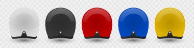 Vektör 3d Motosiklet Miğferi - Beyaz, Siyah, Kırmızı, Mavi, Sarı Renkler. Açık Yüz Miğferi. Motorcular, motosikletçiler için koruyucu dişli. Güvenlik Miğferi Tasarımı, Motosiklet Miğferi Simgesi, Arka Görünüm.