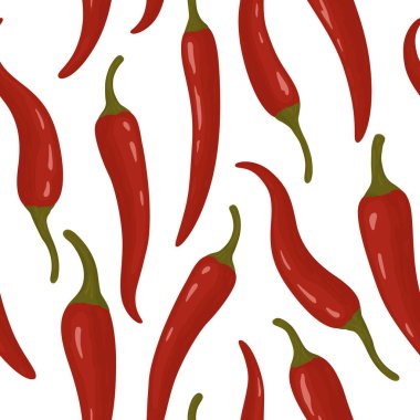 Kırmızı Biberli Vektör Kusursuz Desen, Vektör Çizimi. Meksika Yemekleri ve Yemek Tasarımı için Acı Baharatlı Biber Özgeçmişi. Isı İçeriği, Taze Organik Biber Yazdırma.
