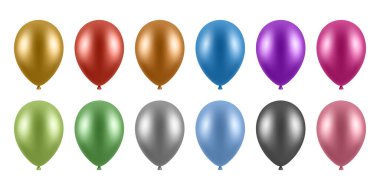 Vektör 3d Gerçekçi Folyo Metalik Renkli Balonlar. Gerçekçi Parti Balonları, izole edilmiş. Renkli doğum günü balonları seti. Kutlama için Helyum Balonu, Kutlama Dekoru, Olay Tasarımı.