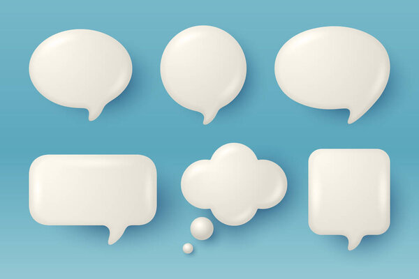 Vector 3d White Glossy Speech Bubble Set. Chat Callout and Thought Icons Isolated. Empty Message Balloon Collection. Blank Speech Bubbles for Comic, Sticker, Template. Speech Bubble Clipart.