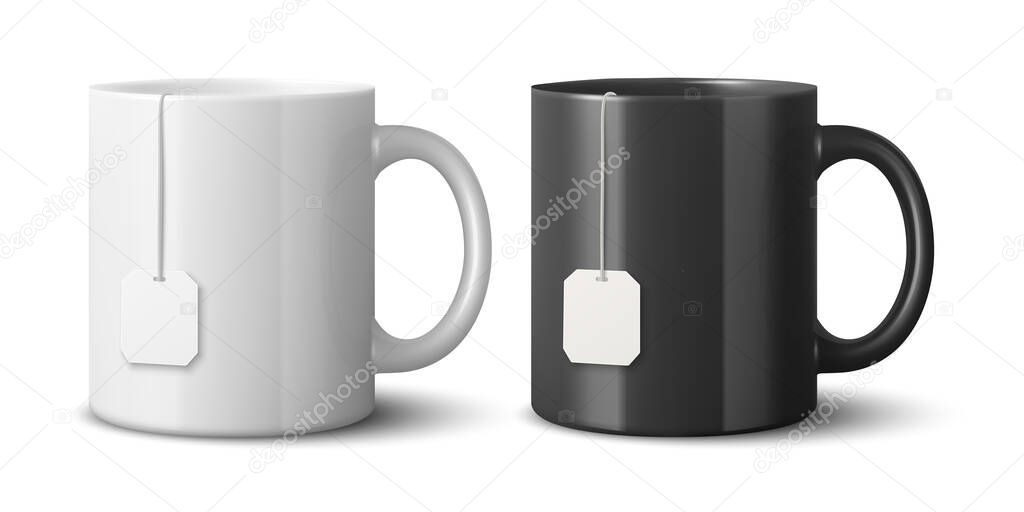 Vector 3D Realistic White and Black Ceramic Mug Set. Tea Cups with Blank Tag, Tea Bag Label, Blank Promotional Cup for Branding, Corporate Gift, Advertising, Merchandise, Logo Template, Mockup.