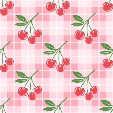 Kesik Kirazlı Vektör Kusursuz Desen. Tek, bir çift kiraz ve yapraklı kiraz kümesi, tekrarlanan yazdırma. Kiraz Sanatı, Tasarım Şablonu, Vektör İllüstrasyonu.