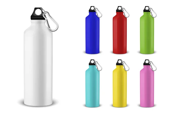 Download Vector Realistic 3d Different Color Empty Glossy Metal Water Bottle With Black Bung Icon Set Closeup On White Background Design Template Of Packaging Mockup For Graphics Front View Object Flask