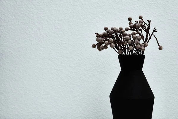 Modern matte black vase with dry flowers. On white background. Mock up.