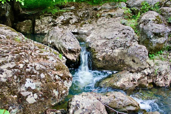 Mountain River - ein kleiner Wasserfall auf einem Fluss mit kristallklarem Wasser, der an einem bewölkten Sommertag zwischen grauen Steinen in einem grünen Wald fließt. Nahaufnahme eines Felsens neben einem Gewässer — Stockfoto