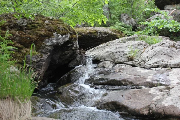 Дивовижний водоспад посеред гірського лісу. Річка наповнена водою протягом весни, прекрасна течія. Прекрасний контраст між водою та навколишнім лісом. Камінці і свіже зелене листя. — стокове фото