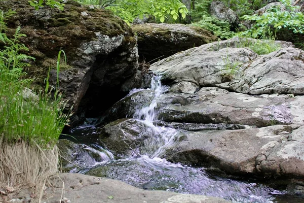 Erstaunlicher Wasserfall inmitten des Bergwaldes. Fluss voller Wasser im Frühling, schön fließende Masse. Schöner Kontrast von Wasser und umgebendem Waldgrün. Steine und frische grüne Blätter. — Stockfoto