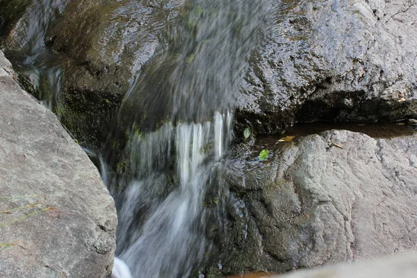 Dağ şelalesi. Dağ nehri, yoğun bir ormanın ortasında, gri büyük kayaların arasında. — Stok fotoğraf