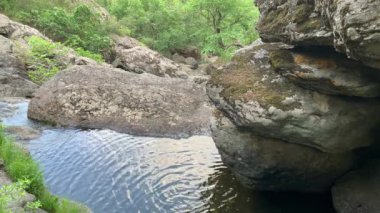 Dağ şelalesi. Dağ nehri, yoğun bir ormanın ortasında, gri büyük kayaların arasında.