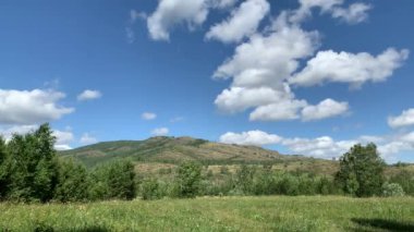 Panoramik manzara. Güzel yaz manzarası. Dağlar, mavi gökyüzü ve yeşil tarlalar, orman.