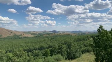 Yeşil dağın resimli panoramik güneşli manzarası. 4K