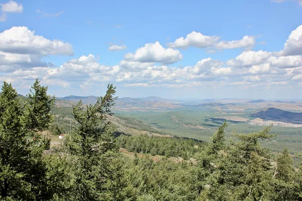 Bild sommar panorama landskap med berg och sjöar. Ett träd med ett berg i bakgrunden — Stockfoto