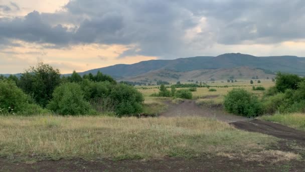 Schöne Sommerlandschaft. Blick auf majestätische Berge, Wiesen und Felder. — Stockvideo