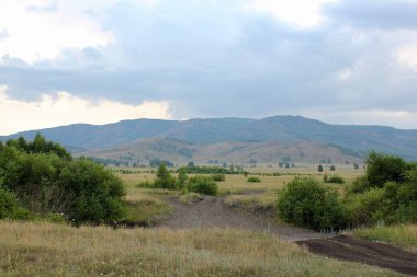Gün batımında yaz manzarası. Tarlalardan ve ormanlardan oluşan dağların güzel panoramik manzarası