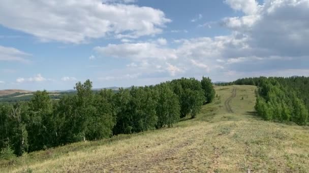 Widok panoramiczny Piękny krajobraz naturalny z polami lasów górskich Top View Natura południowych Urali Rosyjska dusza na wsi — Wideo stockowe