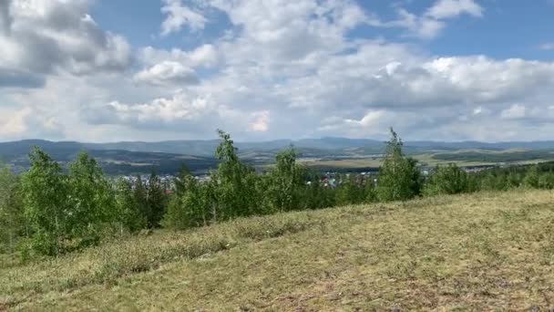 Panoramic view Beautiful natural landscape with fields of mountain forests Top View Nature of the South Urals Russian soul in the countryside — Stock Video